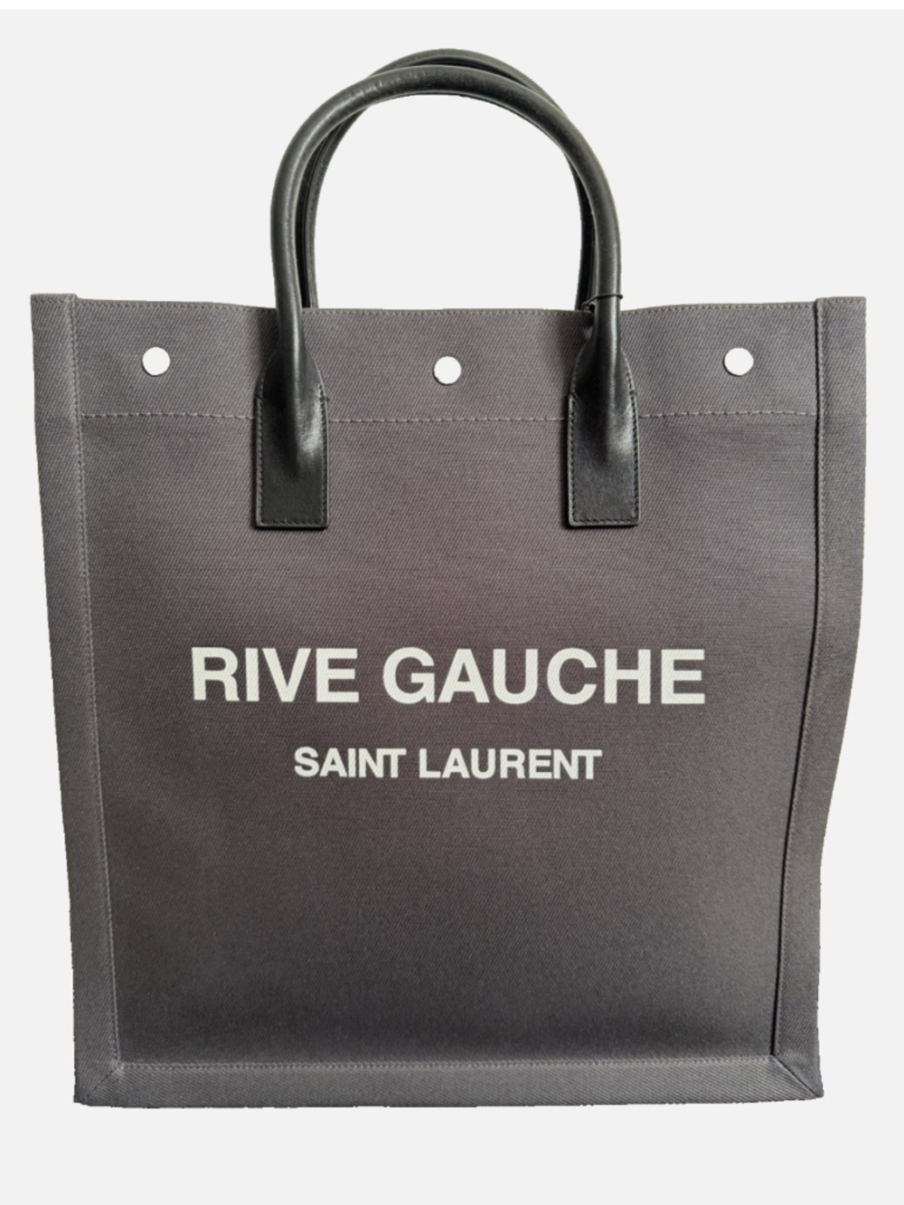 Saint Laurent YSL Rive Gauche Gray Canvas Logo Black Leather Tote Bag